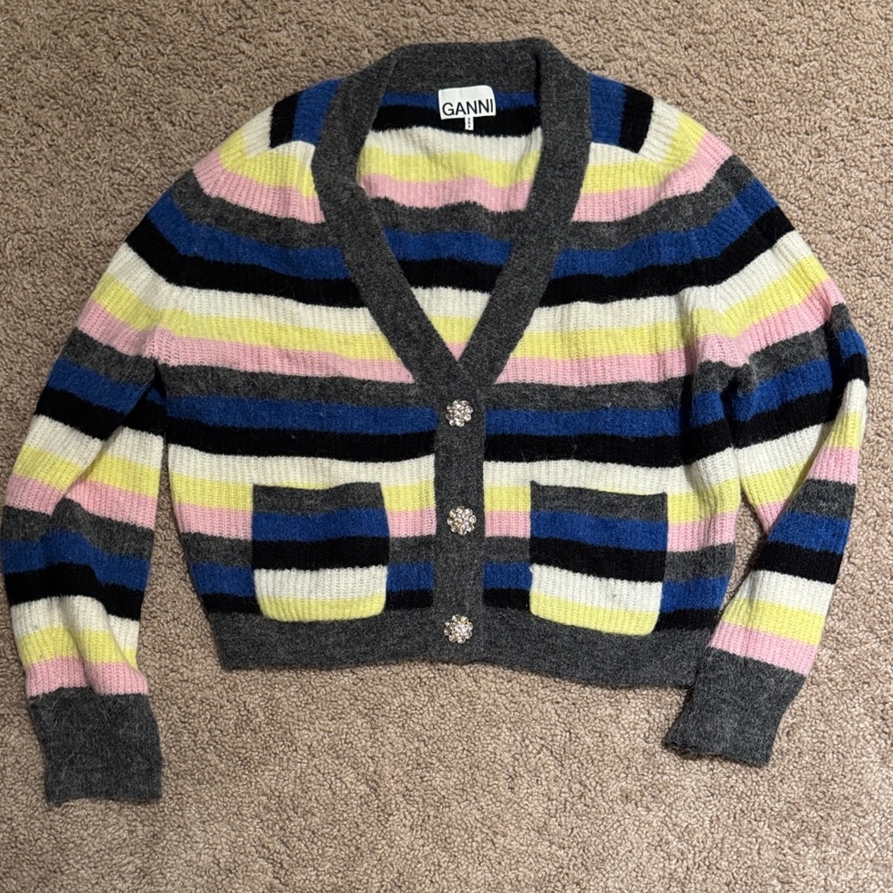 Ganni Striped Cropped Cardigan in Gray, Blue, Pink, Yellow, Black, White